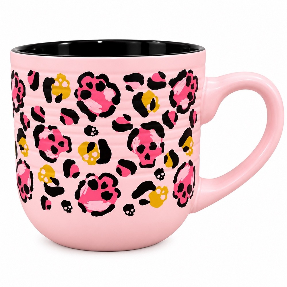 NEW Pink Halloween Mug Leopard Skull Print Ribbed Large Handle Soft Touch